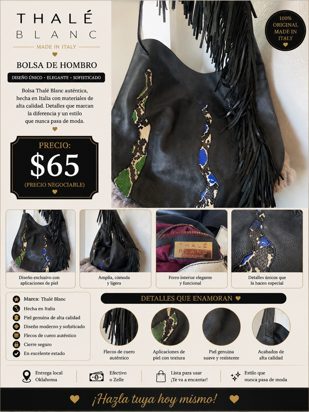Black Leather Fringe Shoulder Bag with Snake Embossed Accents
